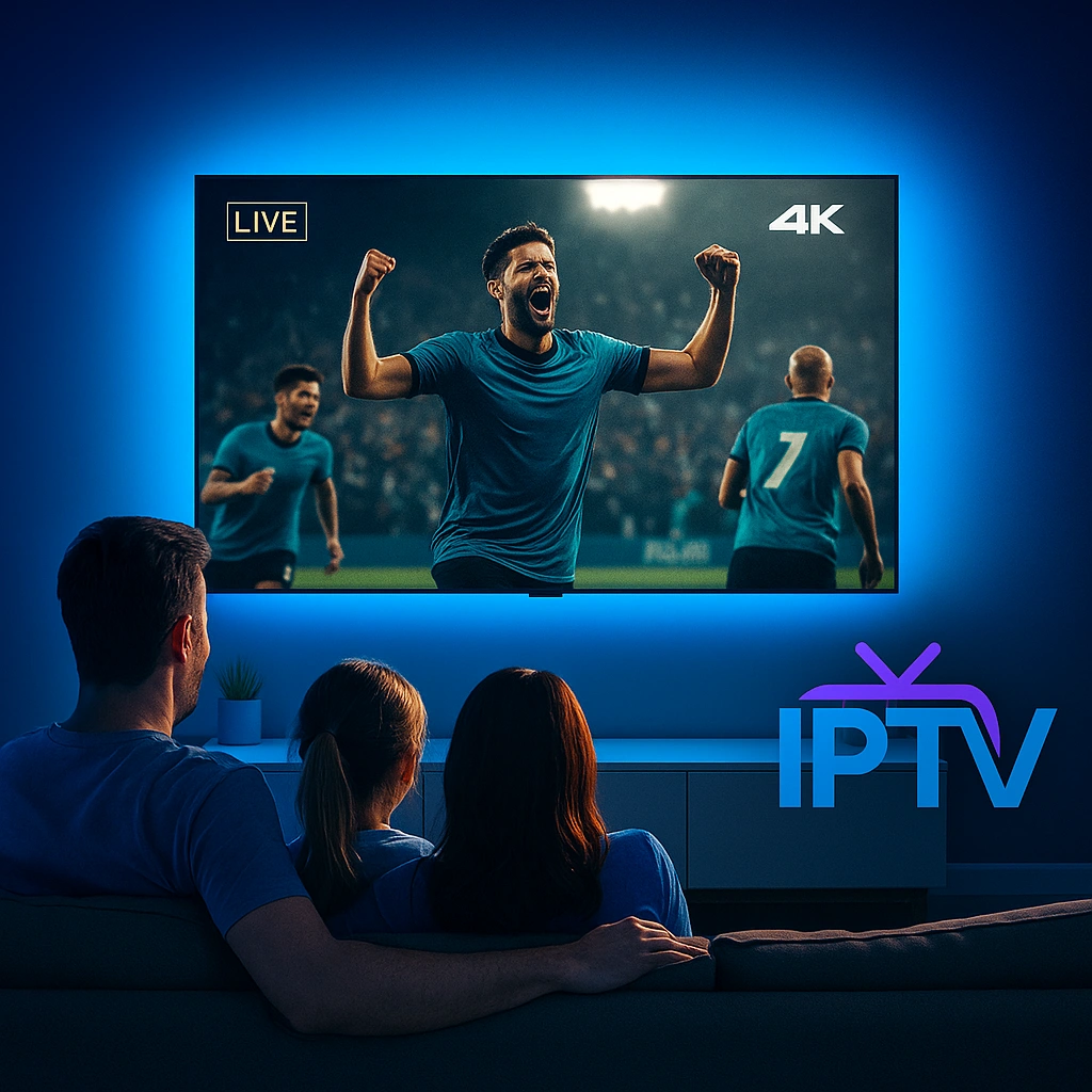Futuristic living room with family watching IPTV in 4K, blue #0473D2 lights creating premium atmosphere