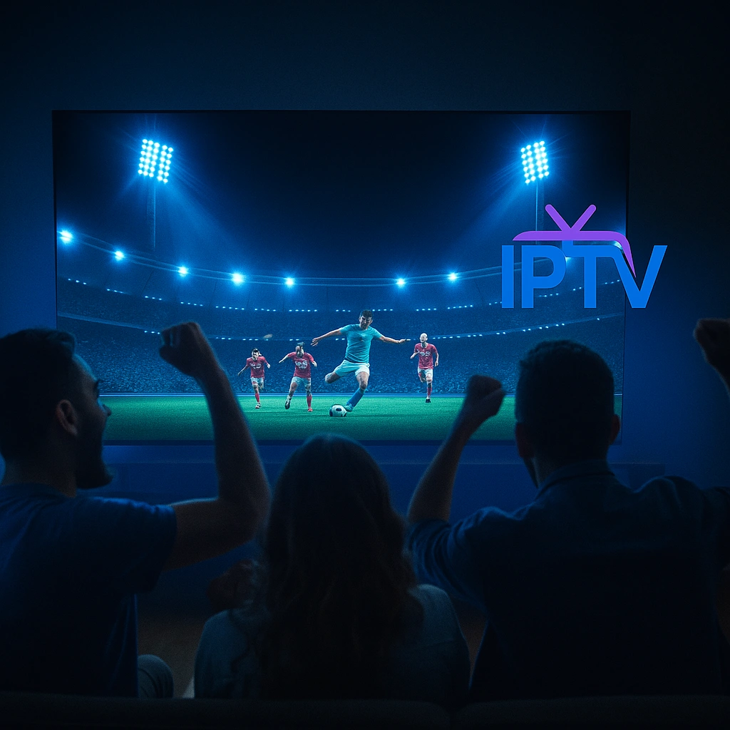 Football match streaming on IPTV with #0473D2 stadium lights, fans cheering at home
