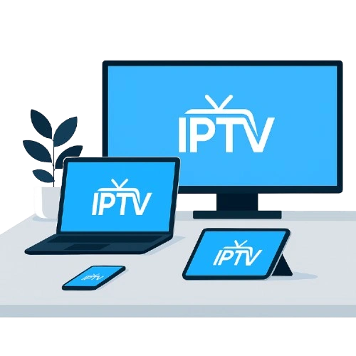 Modern desk with laptop, smartphone, tablet, and smart TV streaming IPTV with #0473D2 glow