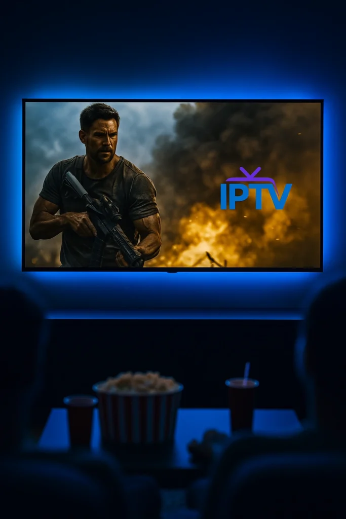 Dark home theater with big TV streaming blockbuster movie in 4K, glowing #0473D2 lights, popcorn and drinks